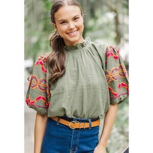 THML Let You Know Olive Green Embroidered Blouse size XS